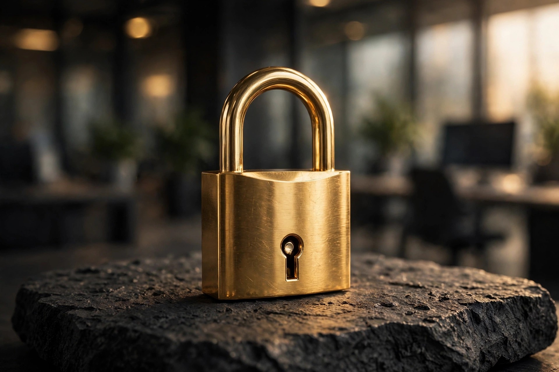 Gold padlock on dark stone