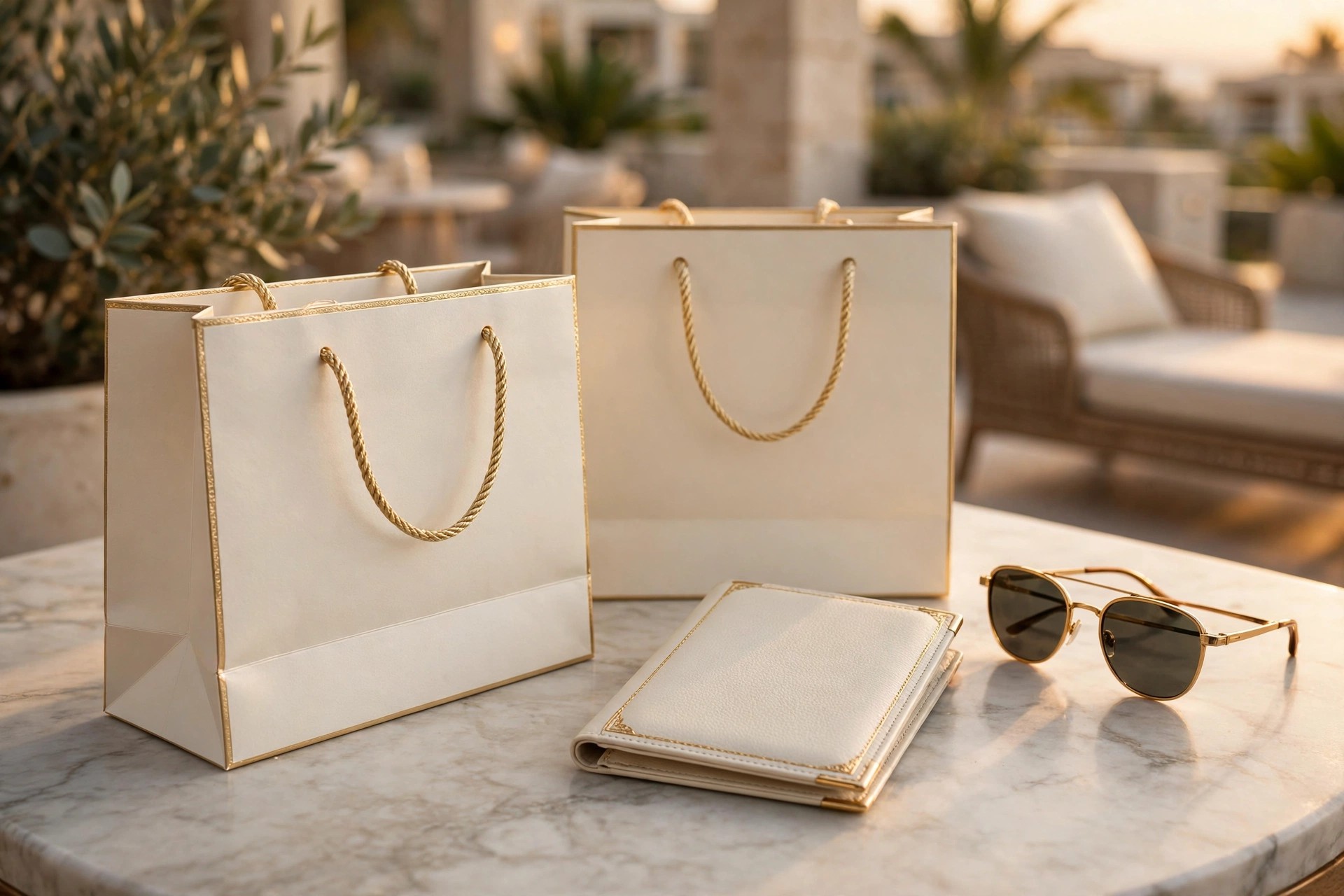 Gold-trimmed shopping bag, passport holder, and tickets on ivory marble