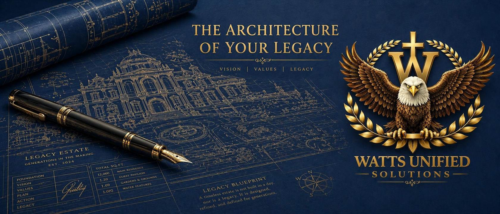 The Architecture of Your Legacy blueprint with gold Watts Unified eagle crest and fountain pen