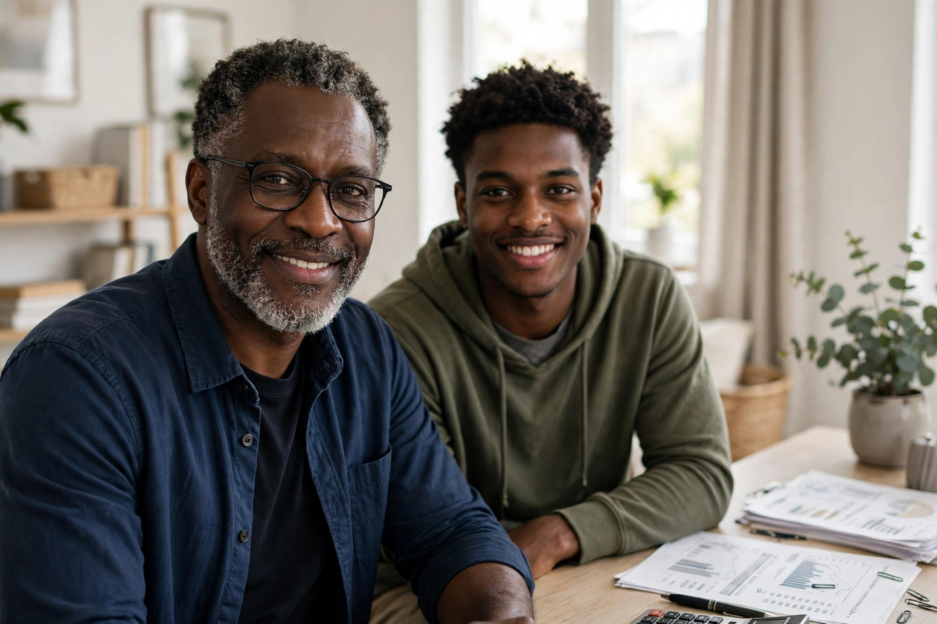 Father and son looking at the camera with financial papers