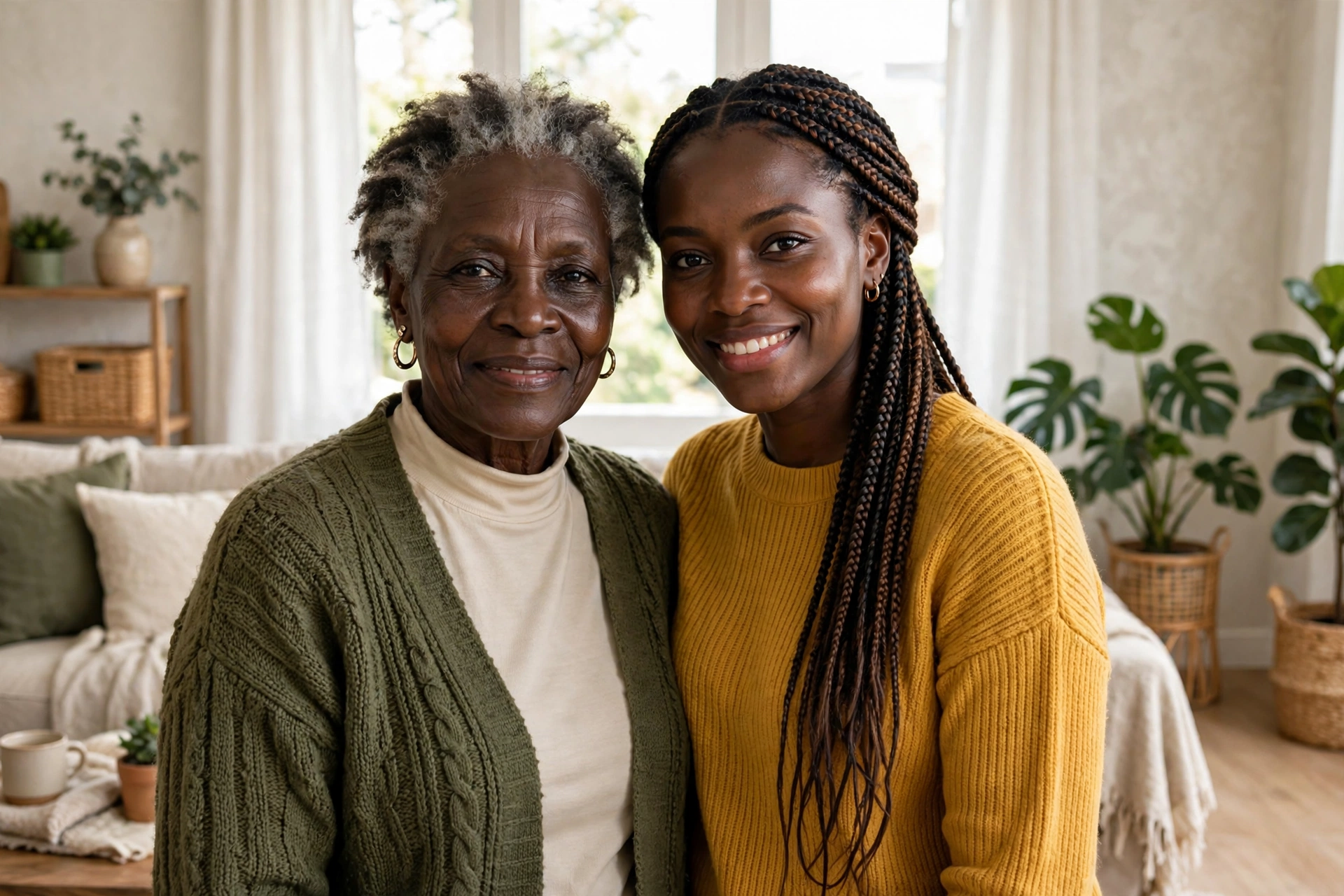 Older woman and adult daughter looking at the camera