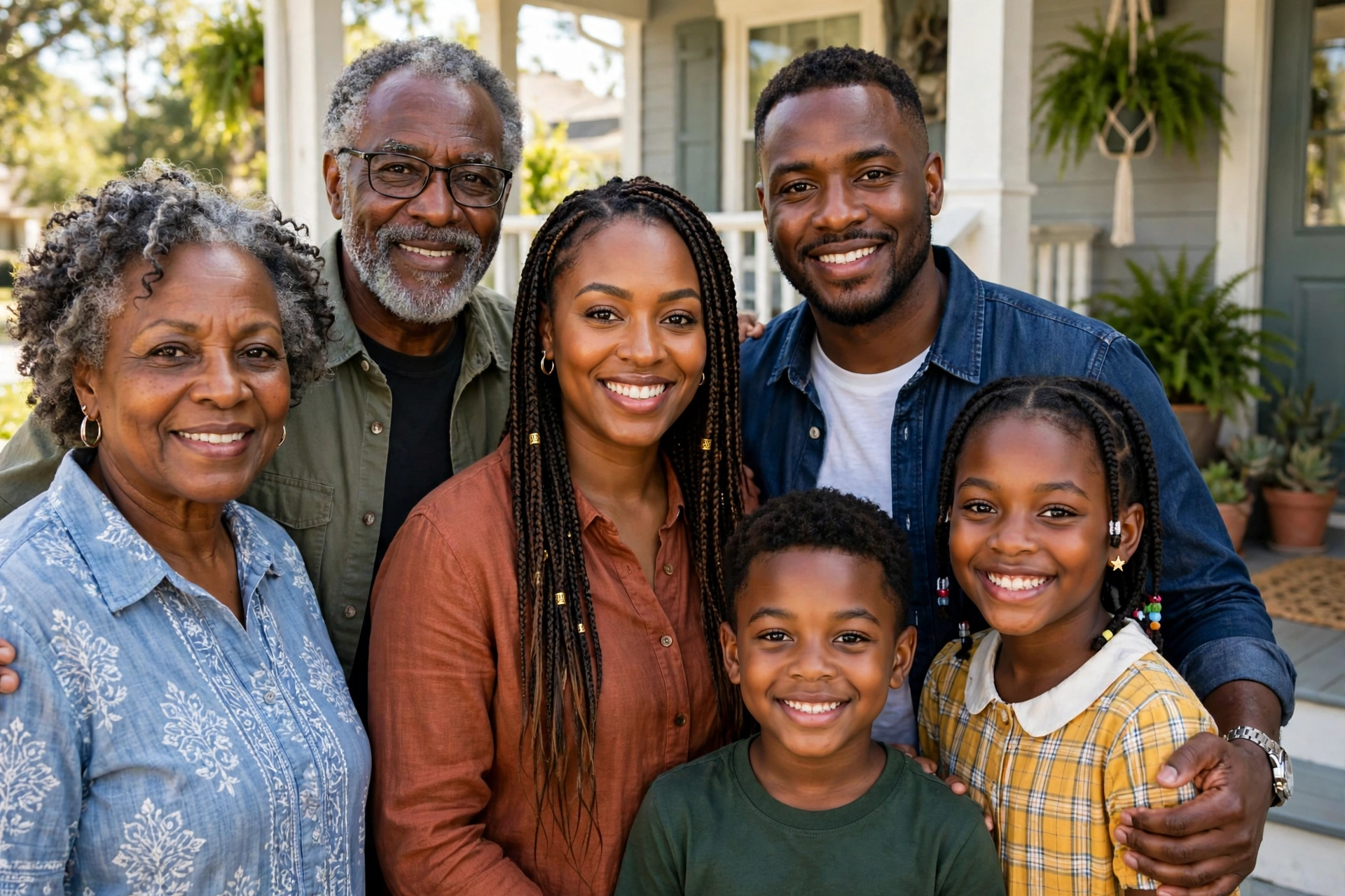 Multigenerational family looking at the camera on a front porch
