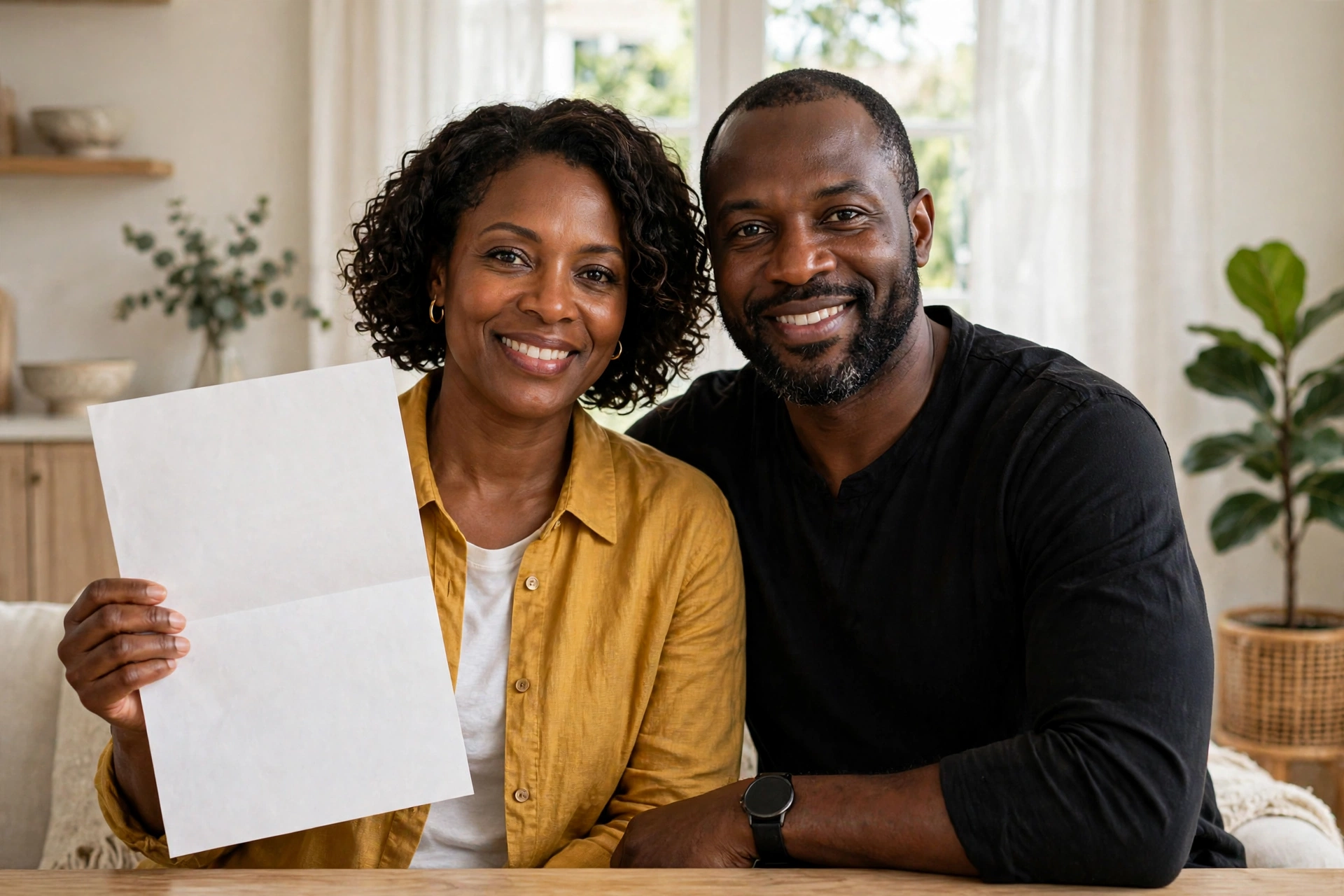 Couple looking at the camera, holding a signed document