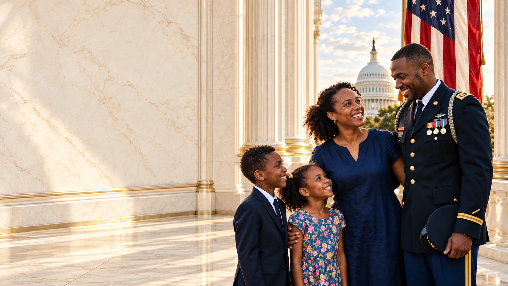 Military family beside an American flag in a sunlit marble colonnade overlooking Washington D.C.